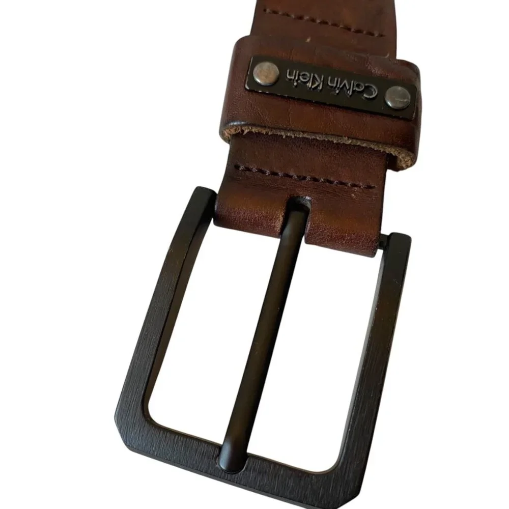 Calvin Klein Vtg Brown‎ Perforated Leather Belt Metal Buckle 1.5